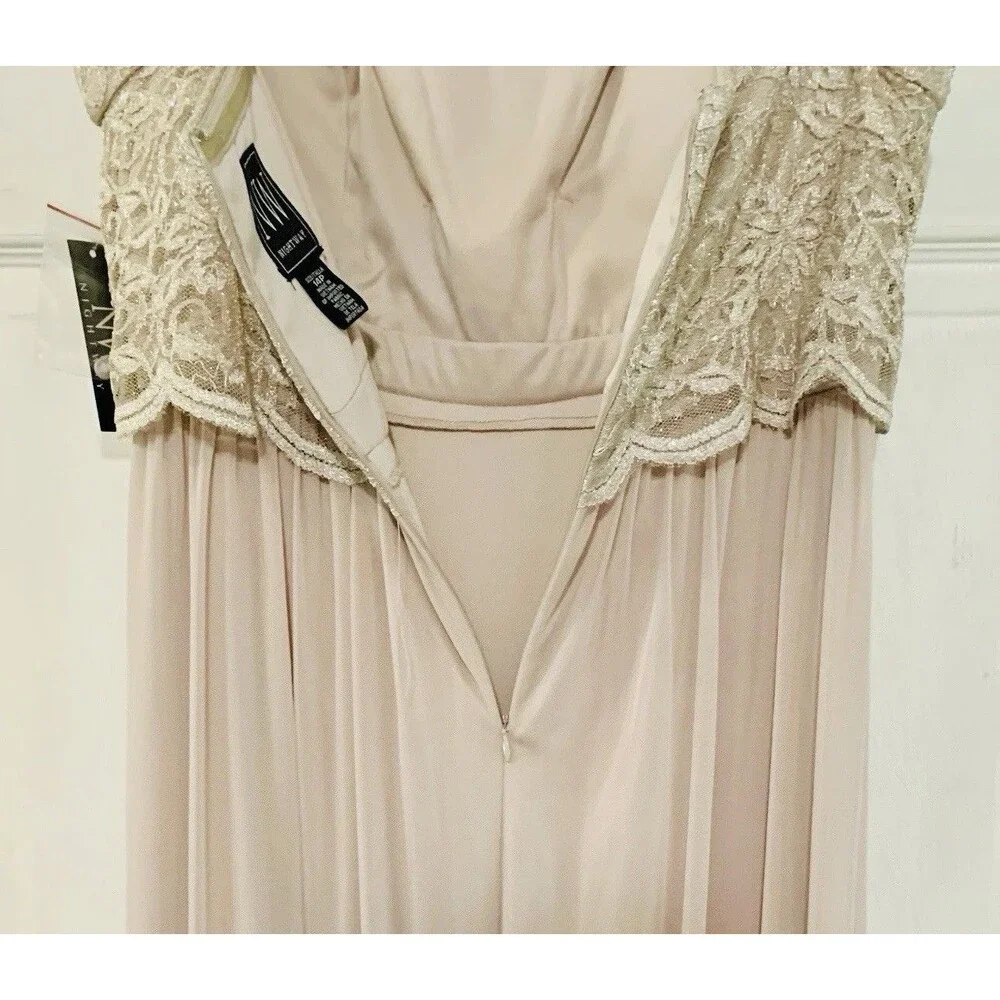 Nightway Champagne Lace Formal Empire Elegant Prom Wedding Dress Gown Size 14P - Picture 7 of 14